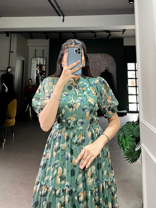 Sea Green Elegant Tabby Silk Printed Frock – A Timeless Statement of Sophistication