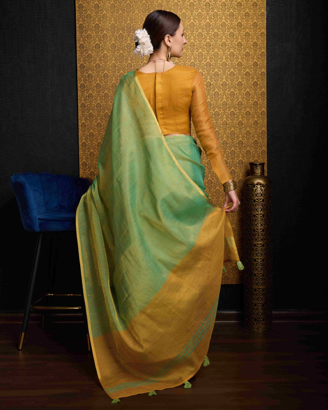Sea Green Elegant Woven Design Linen Blend Saree with Zari Border ClothsVilla