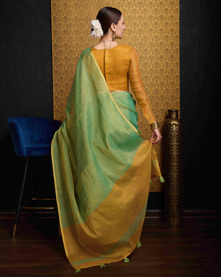 Sea Green Elegant Woven Design Linen Blend Saree with Zari Border ClothsVilla
