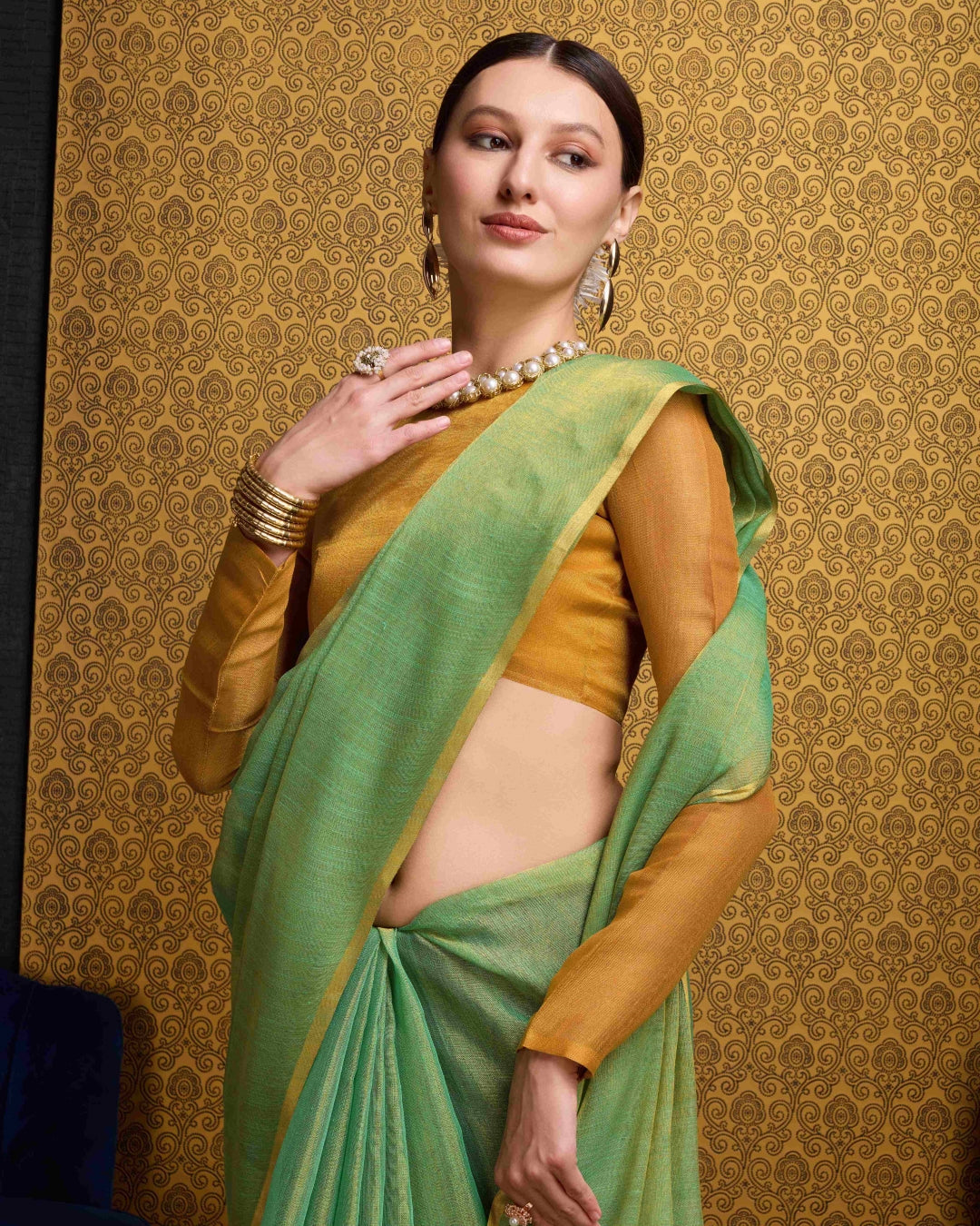 Sea Green Elegant Woven Design Linen Blend Saree with Zari Border ClothsVilla