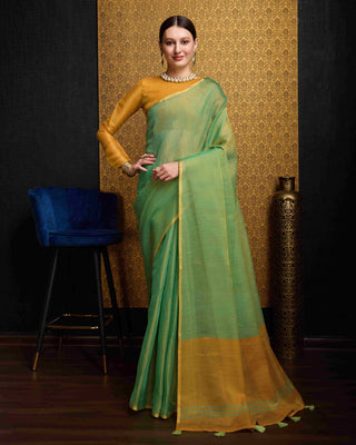 Sea Green Elegant Woven Design Linen Blend Saree with Zari Border ClothsVilla