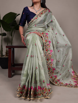 Sea Green Elegant Zari Kota Tissue Saree with Exquisite Thread Embroidery Work and Banglory Blouse Piece – Premium Ethnic Ensemble ClothsVilla