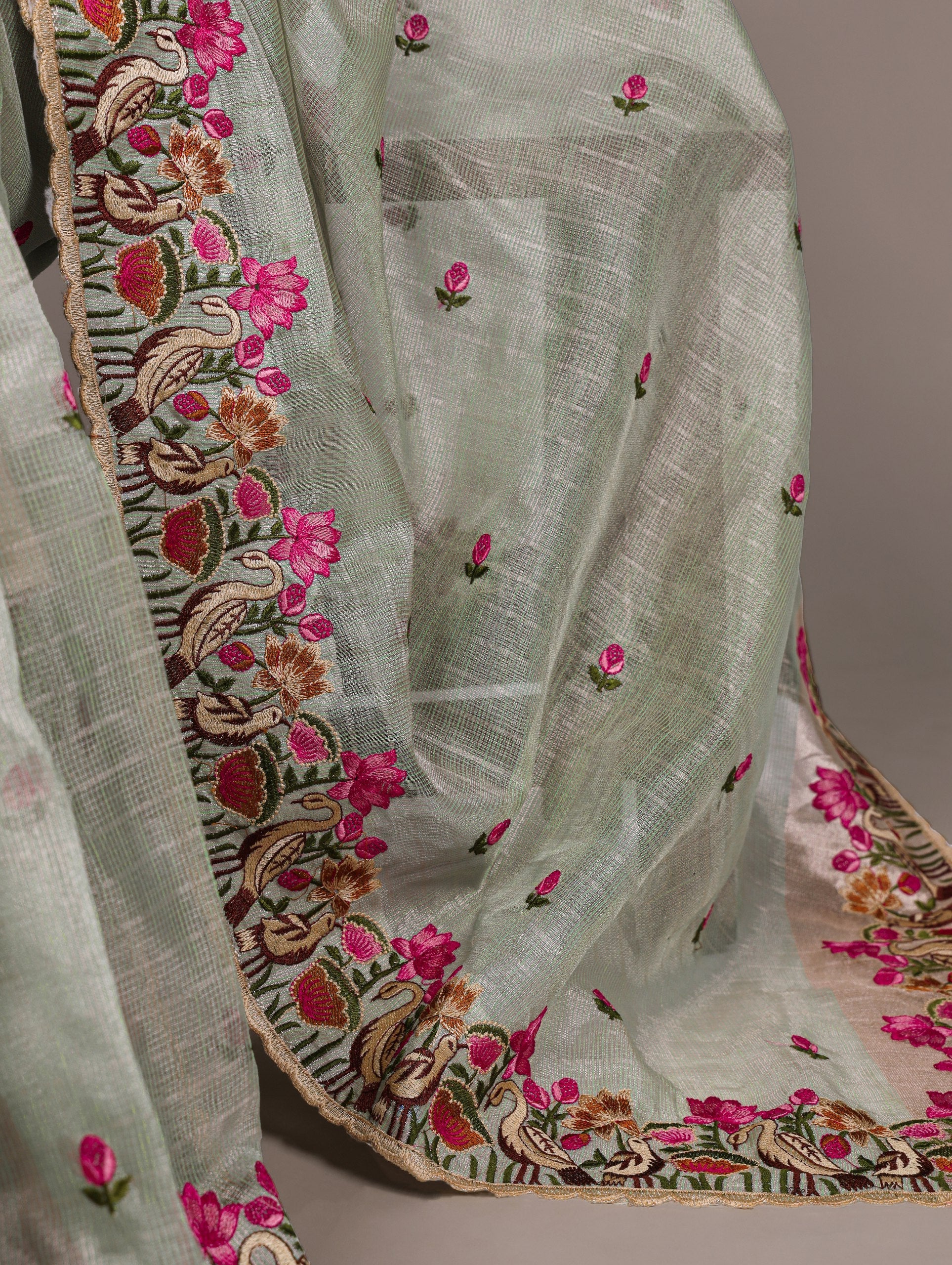 Sea Green Elegant Zari Kota Tissue Saree with Exquisite Thread Embroidery Work and Banglory Blouse Piece – Premium Ethnic Ensemble Secondary image