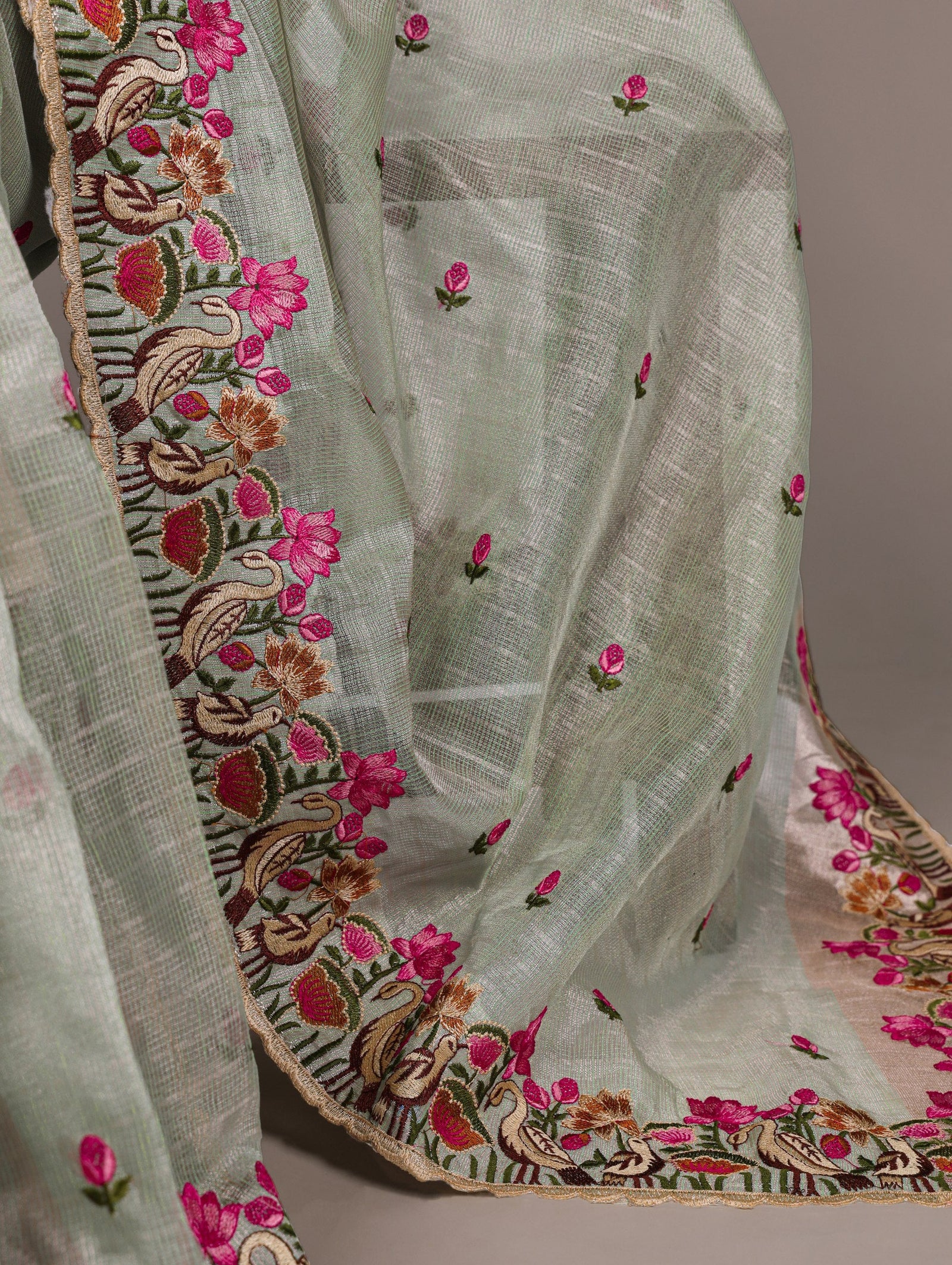 Sea Green Elegant Zari Kota Tissue Saree with Exquisite Thread Embroidery Work and Banglory Blouse Piece – Premium Ethnic Ensemble ClothsVilla