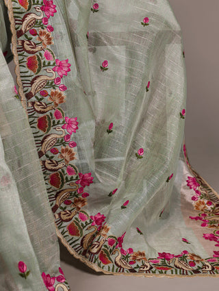 Sea Green Elegant Zari Kota Tissue Saree with Exquisite Thread Embroidery Work and Banglory Blouse Piece – Premium Ethnic Ensemble ClothsVilla
