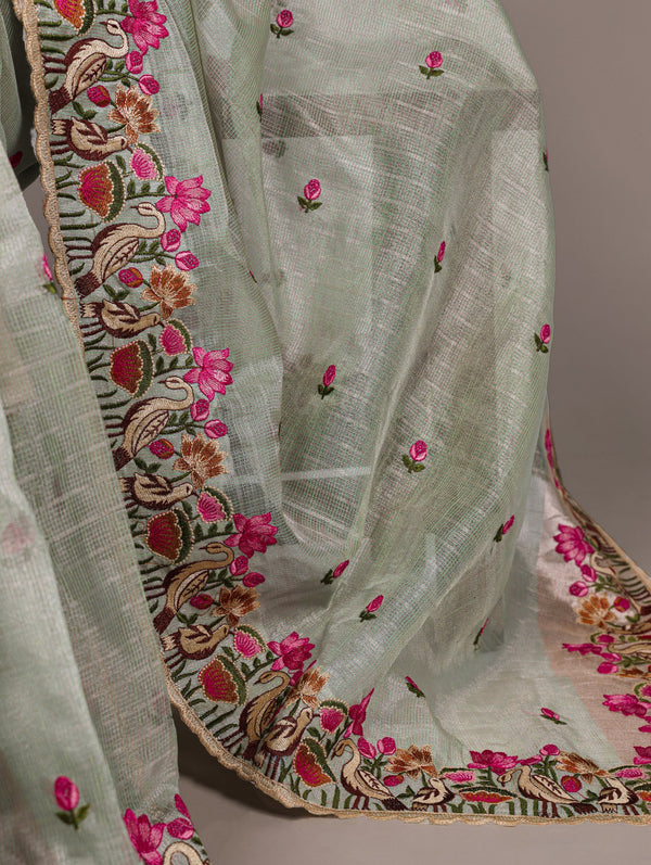 Sea Green Elegant Zari Kota Tissue Saree with Exquisite Thread Embroidery Work and Banglory Blouse Piece – Premium Ethnic Ensemble ClothsVilla