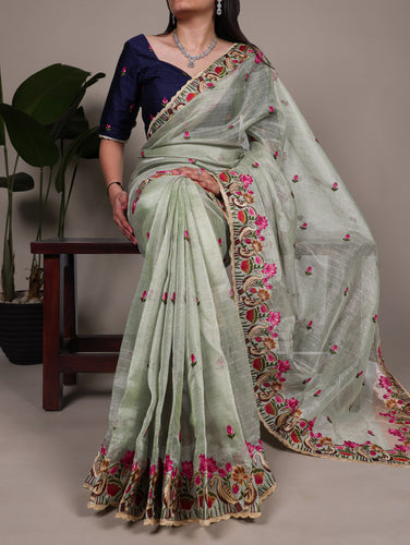 Sea Green Elegant Zari Kota Tissue Saree with Exquisite Thread Embroidery Work and Banglory Blouse Piece – Premium Ethnic Ensemble ClothsVilla