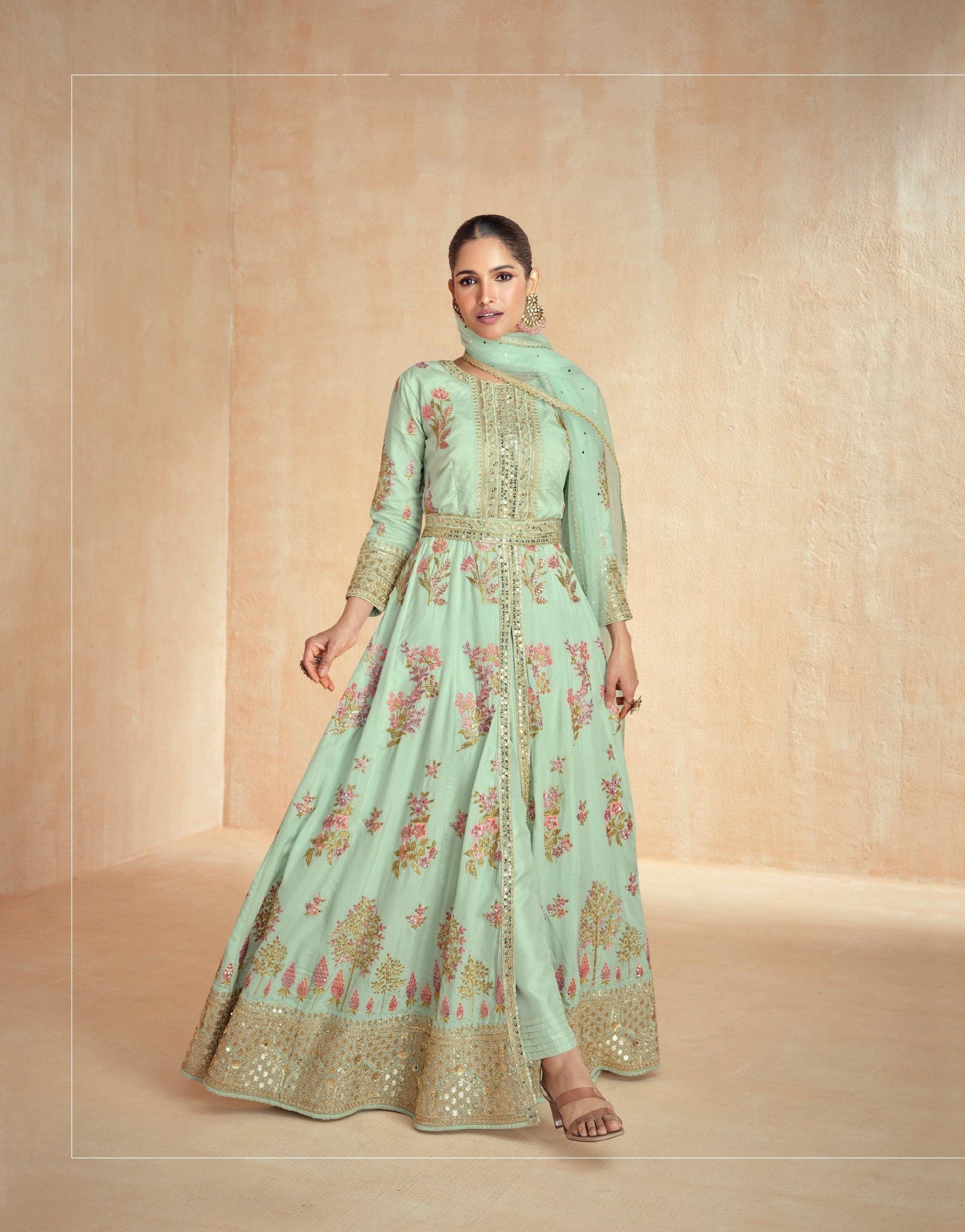 Sea Green Embroidered Gown Set with Dupatta ClothsVilla