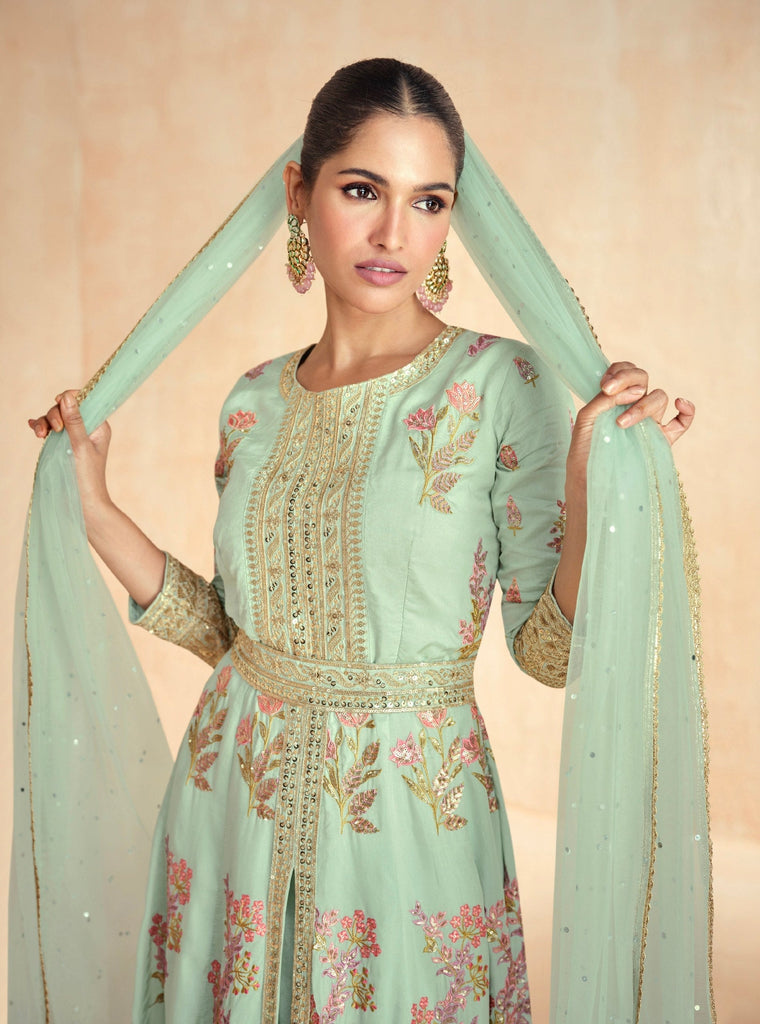 Sea Green Embroidered Gown Set with Dupatta ClothsVilla