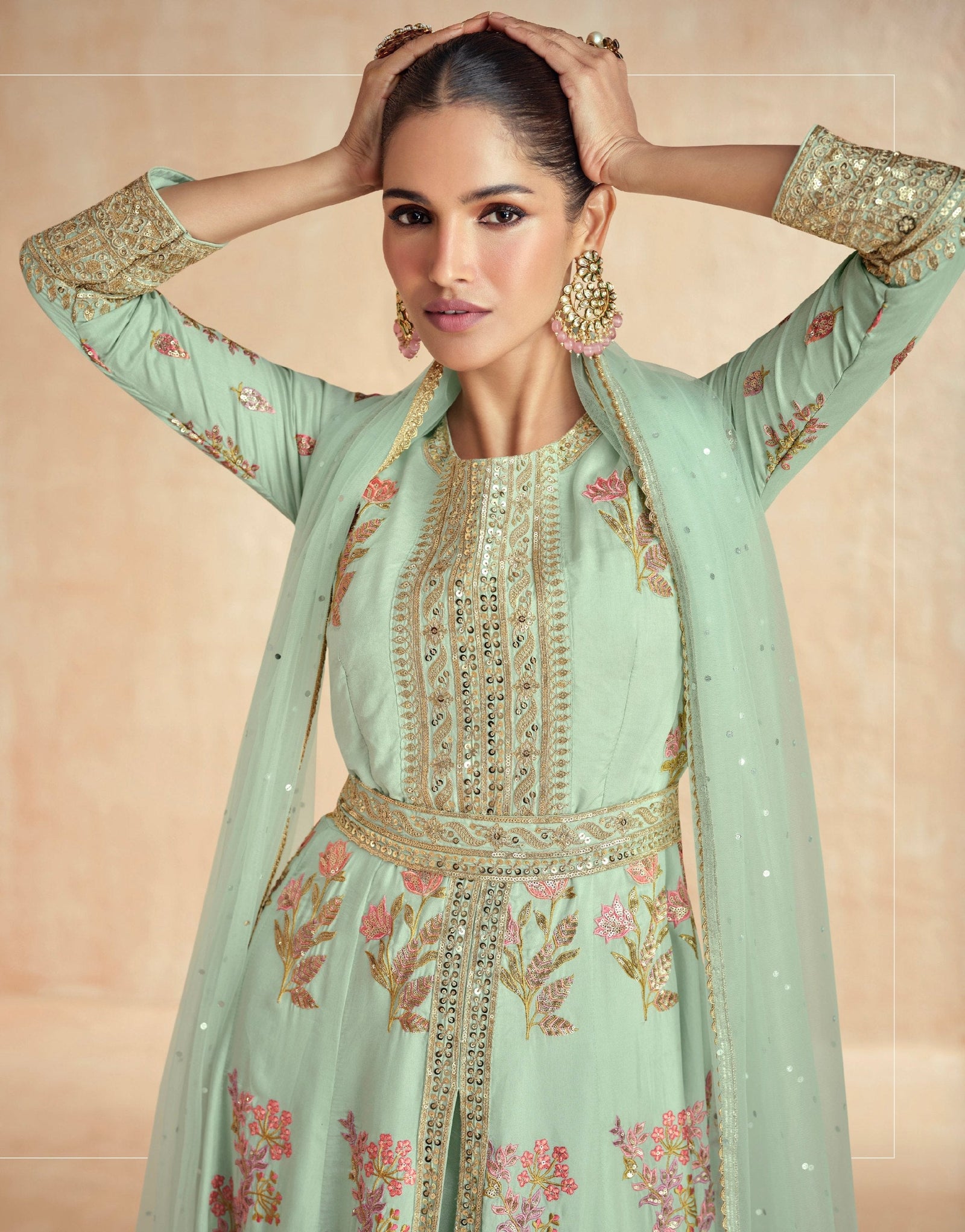 Sea Green Embroidered Gown Set with Dupatta ClothsVilla