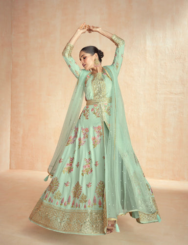 Sea Green Embroidered Gown Set with Dupatta ClothsVilla