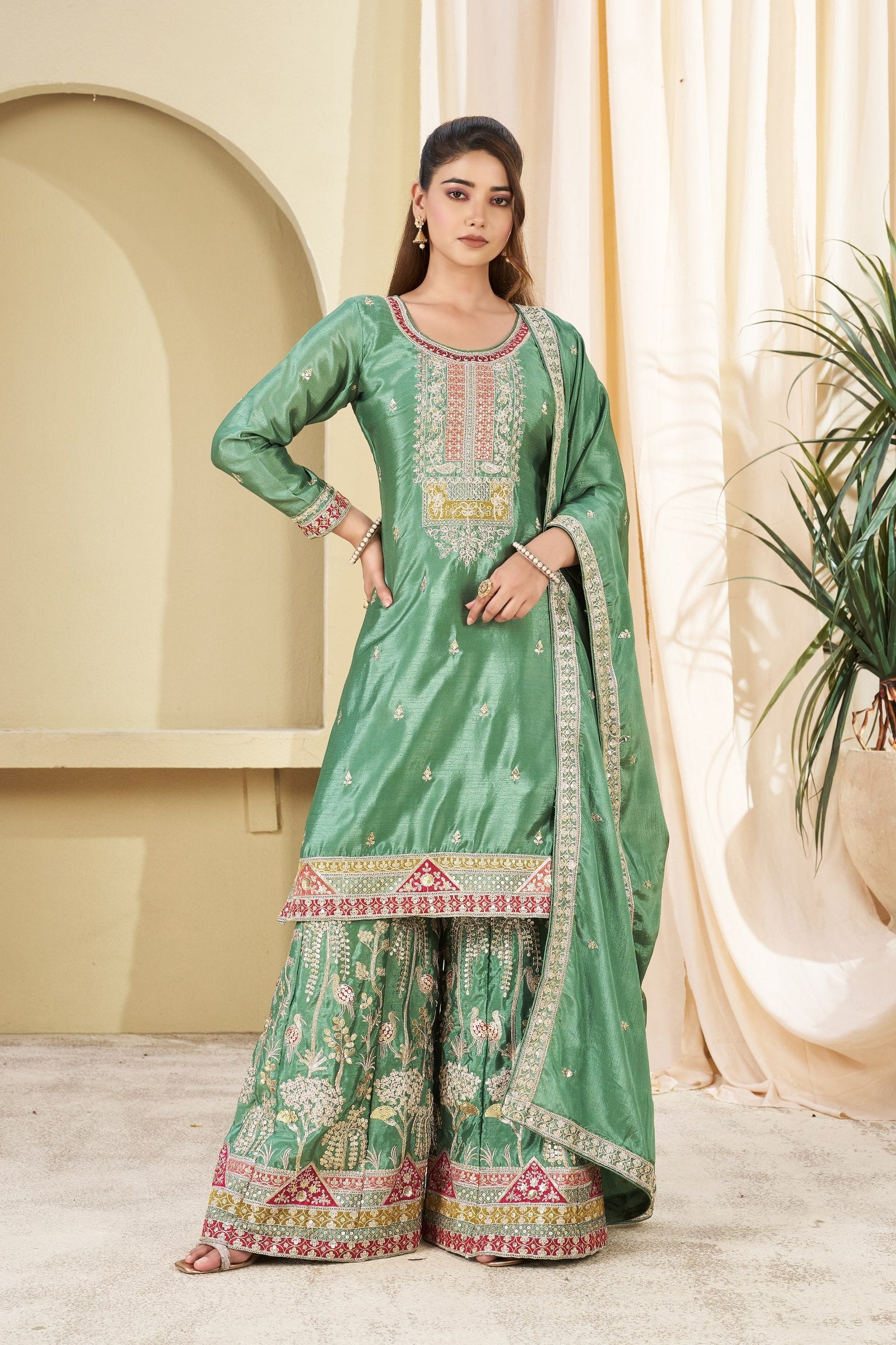 Sea Green Embroidered Palazzo Set ClothsVilla