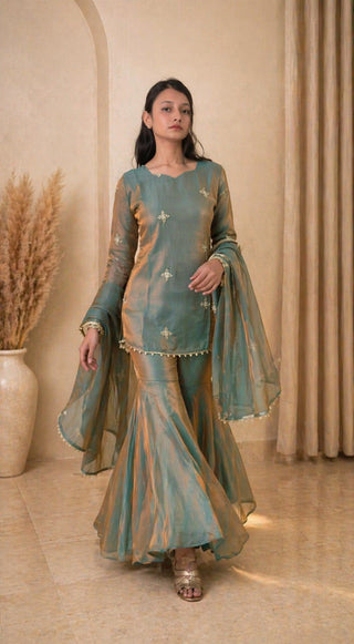 Sea Green Fandy Top Sharara Set ClothsVilla