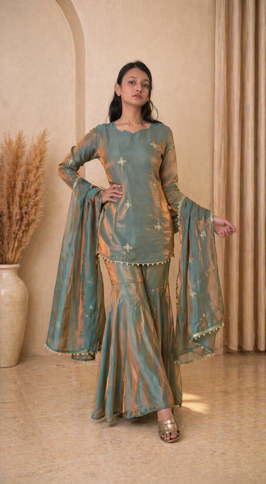 Sea Green Fandy Top Sharara Set ClothsVilla