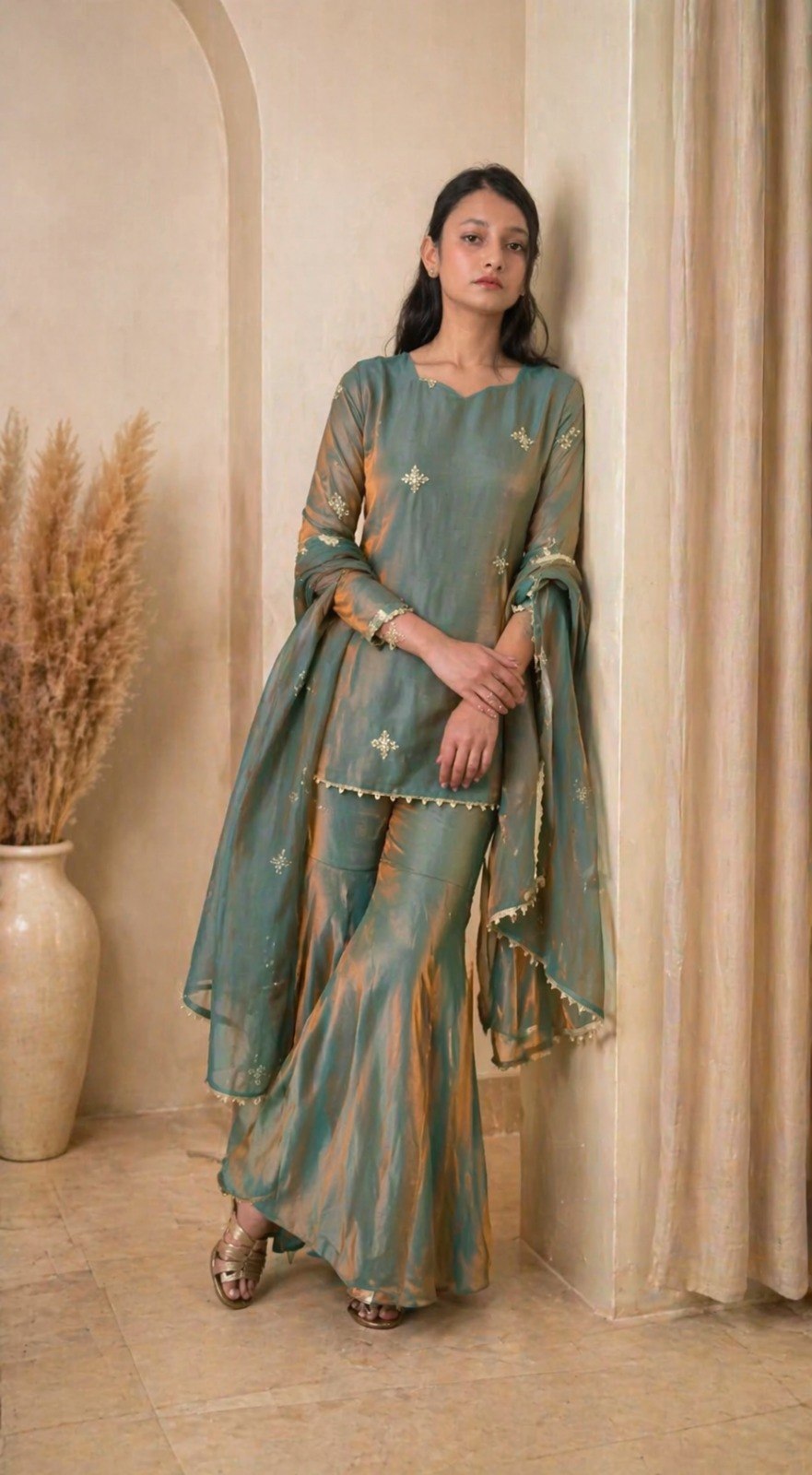 Sea Green Fandy Top Sharara Set ClothsVilla
