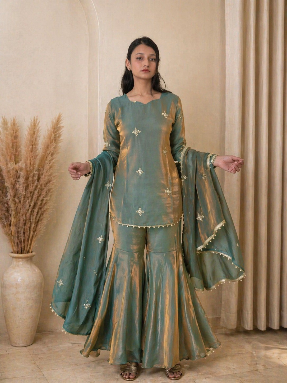 Sea Green Fandy Top Sharara Set ClothsVilla