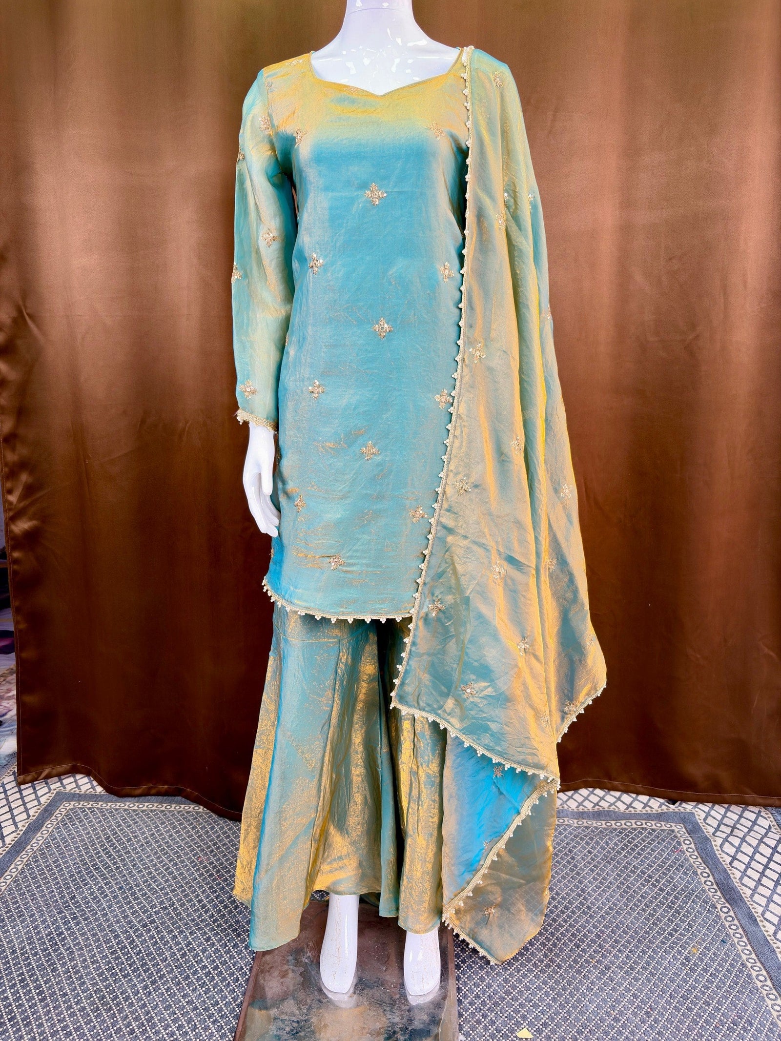 Sea Green Fandy Top Sharara Set ClothsVilla