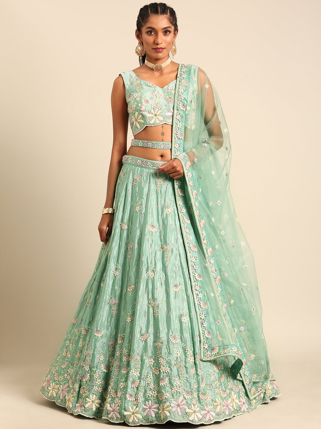 Sea Green Georgette heavy Sequinse embroidery Semi-Stitched Lehenga choli & Dupatta Clothsvilla