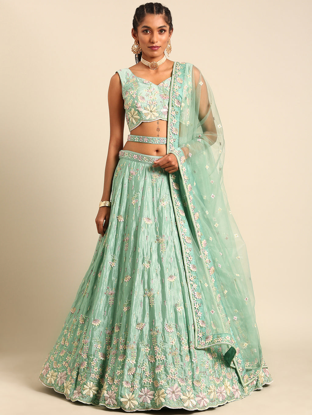 Sea Green Georgette heavy Sequinse embroidery Semi-Stitched Lehenga choli & Dupatta Clothsvilla