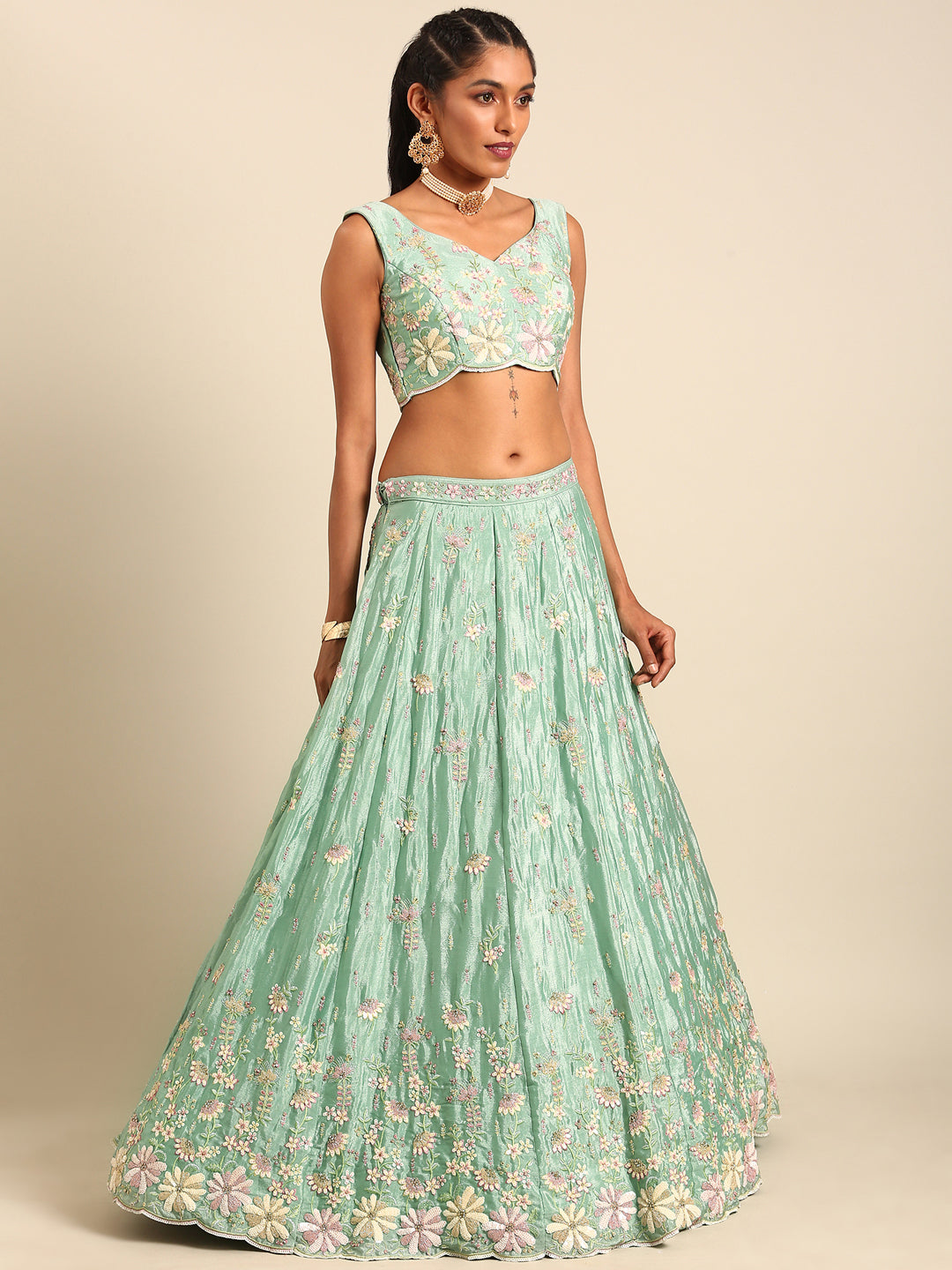 Sea Green Georgette heavy Sequinse embroidery Semi-Stitched Lehenga choli & Dupatta Clothsvilla Main image