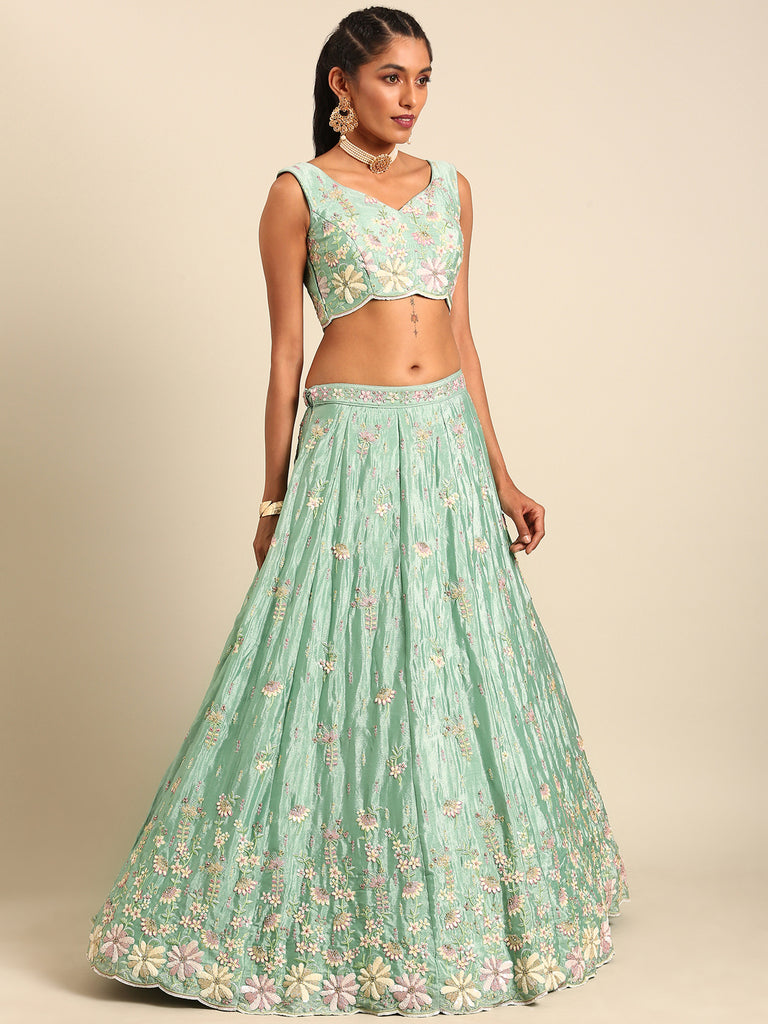 Green & Orange Embroidered Ready to Wear Lehenga & Unstitched Blouse With  Dupatta