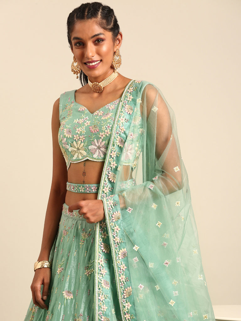 Sea Green Georgette heavy Sequinse embroidery Semi-Stitched Lehenga choli & Dupatta Clothsvilla