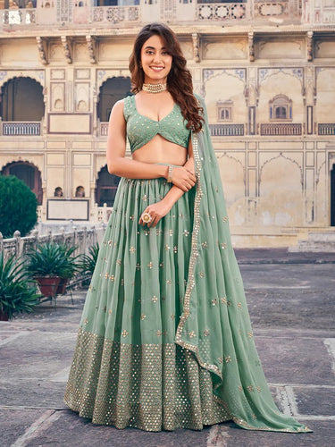 Sea Green Georgette Lehenga Choli Set with 7MM Sequins & Zari Embroidery ClothsVilla