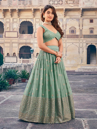 Sea Green Georgette Lehenga Choli Set with 7MM Sequins & Zari Embroidery ClothsVilla