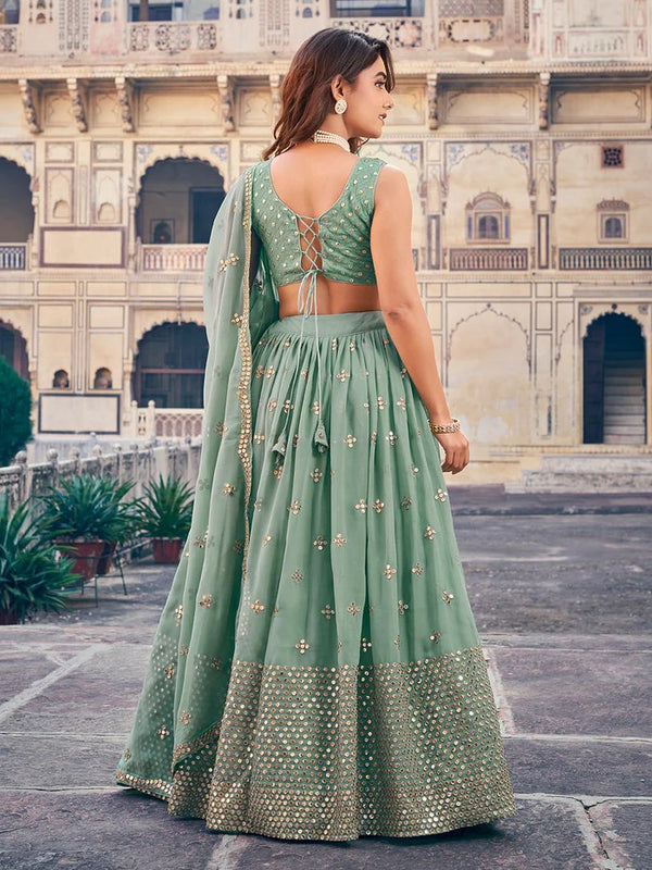 Sea Green Georgette Lehenga Choli Set with 7MM Sequins & Zari Embroidery ClothsVilla