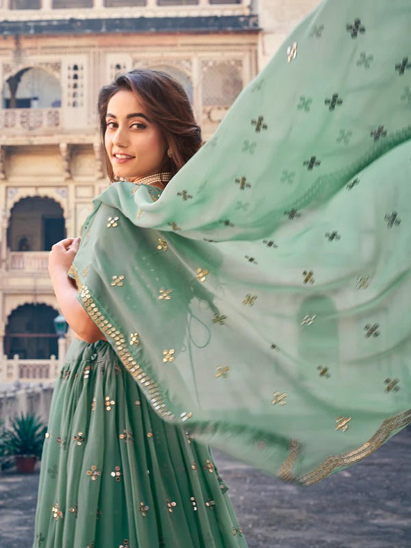 Sea Green Georgette Lehenga Choli Set with 7MM Sequins & Zari Embroidery ClothsVilla