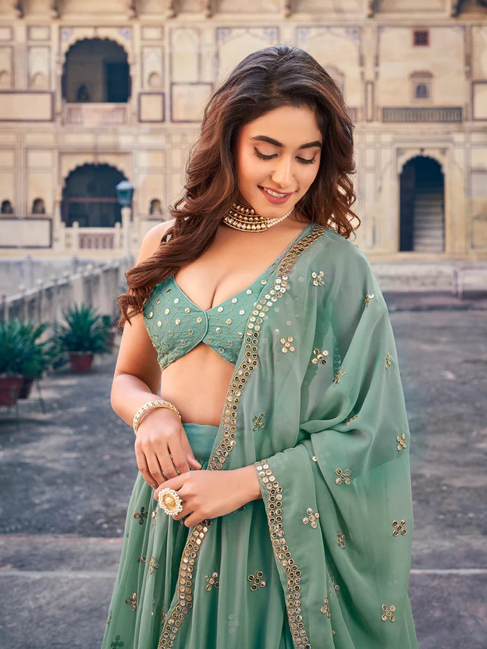Sea Green Georgette Lehenga Choli Set with 7MM Sequins & Zari Embroidery ClothsVilla