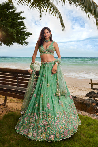 Sea Green Georgette Sequins, Zarkan and thread embroidery Semi-Stitched Lehenga choli & Dupatta Clothsvilla