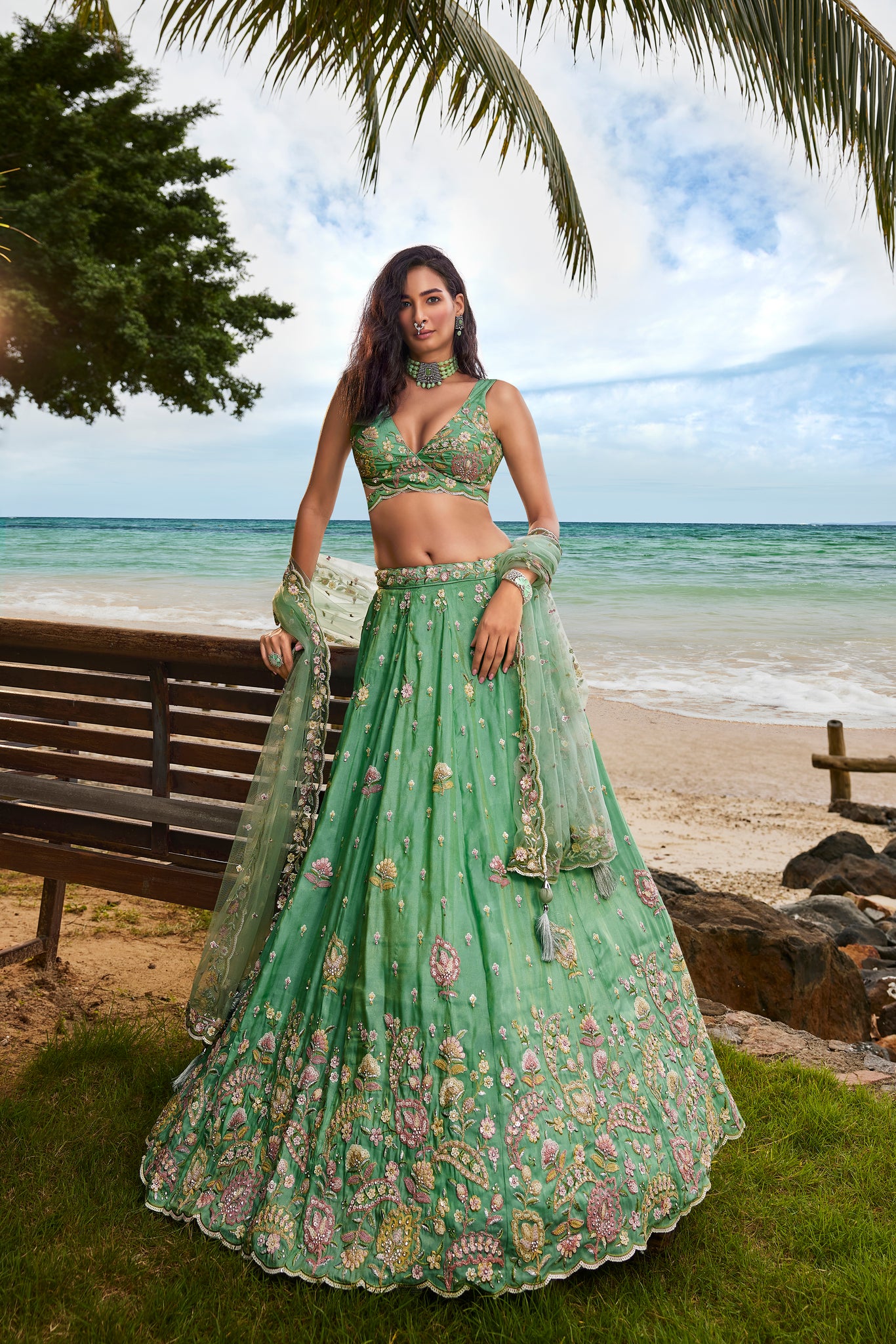 Sea Green Georgette Sequins, Zarkan and thread embroidery Se