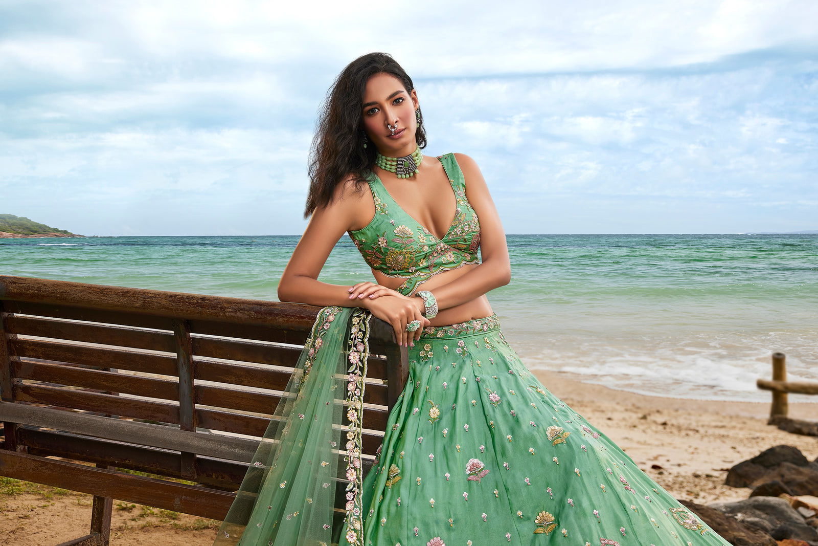 Sea Green Georgette Sequins, Zarkan and thread embroidery Semi-Stitched Lehenga choli & Dupatta Clothsvilla