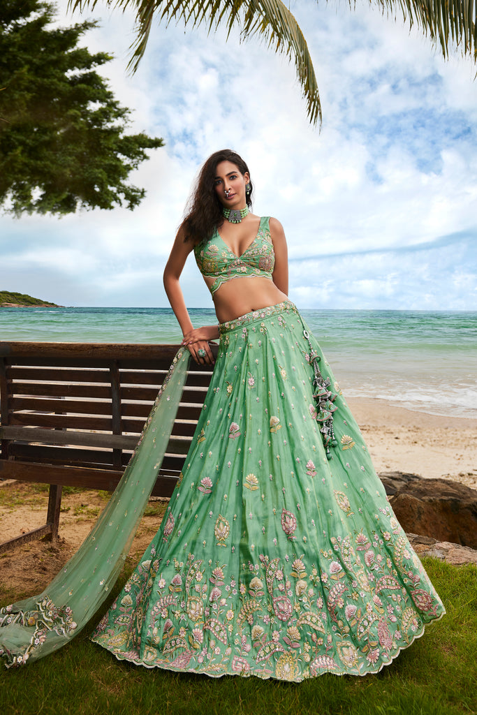 Sea Green Georgette Semi stitched Lehenga With Unstitched Blouse at Rs  15999.00 in Surat | ID: 2853039357630