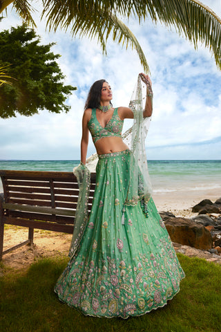 Sea Green Georgette Sequins, Zarkan and thread embroidery Semi-Stitched Lehenga choli & Dupatta Clothsvilla