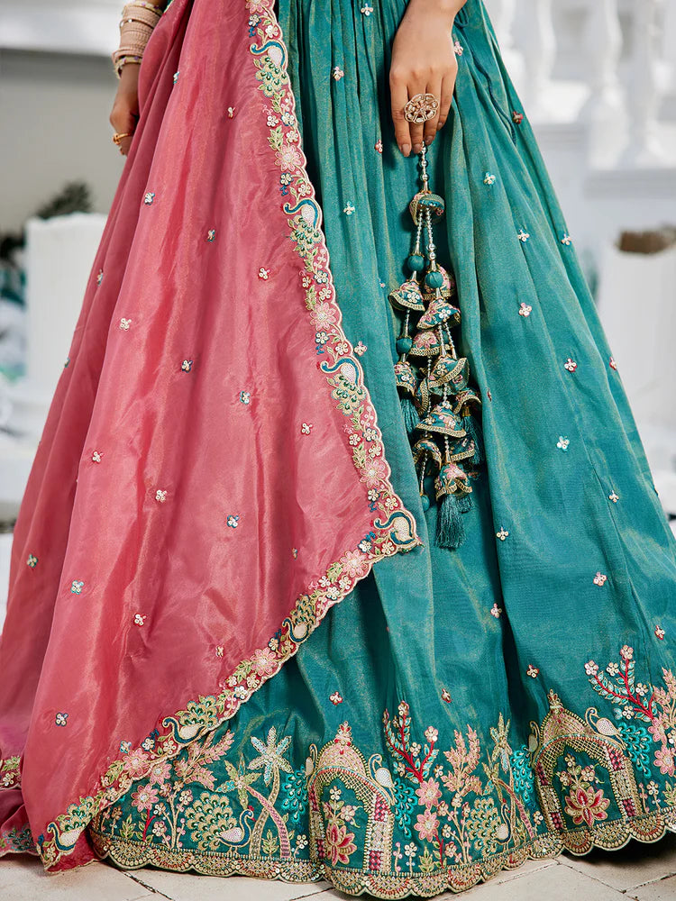 Sea Green Golden Satin Lehenga Choli Set with Embroidered Dupatta Indian Bridal Outfit ClothsVilla