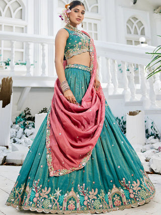 Sea Green Golden Satin Lehenga Choli Set with Embroidered Dupatta Indian Bridal Outfit ClothsVilla
