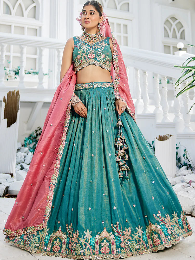 Sea Green Golden Satin Lehenga Choli Set with Embroidered Dupatta Indian Bridal Outfit ClothsVilla