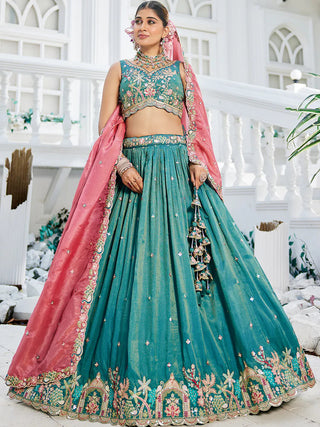 Sea Green Golden Satin Lehenga Choli Set with Embroidered Dupatta Indian Bridal Outfit ClothsVilla