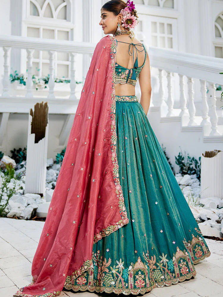 Sea Green Golden Satin Lehenga Choli Set with Embroidered Dupatta Indian Bridal Outfit ClothsVilla