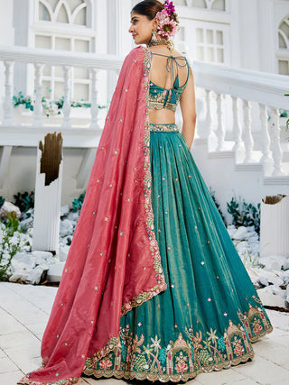 Sea Green Golden Satin Lehenga Choli Set with Embroidered Dupatta Indian Bridal Outfit ClothsVilla