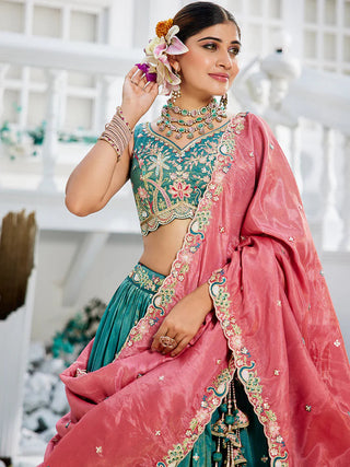 Sea Green Golden Satin Lehenga Choli Set with Embroidered Dupatta Indian Bridal Outfit ClothsVilla