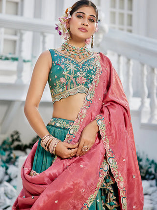 Sea Green Golden Satin Lehenga Choli Set with Embroidered Dupatta Indian Bridal Outfit ClothsVilla