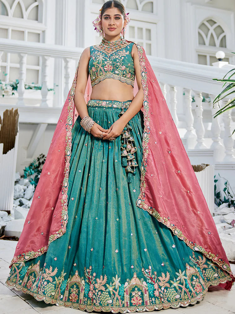 Sea Green Golden Satin Lehenga Choli Set with Embroidered Dupatta Indian Bridal Outfit ClothsVilla