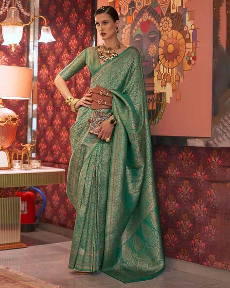 Sea Green Graceful Kanjivaram Silk Blend Saree – Woven Design ClothsVilla