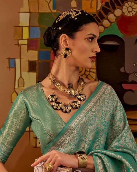 Sea Green Graceful Kanjivaram Silk Blend Saree – Woven Design ClothsVilla