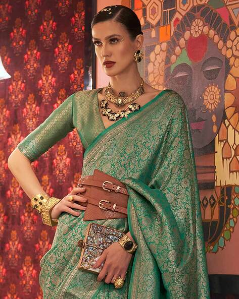 Sea Green Graceful Kanjivaram Silk Blend Saree – Woven Design ClothsVilla