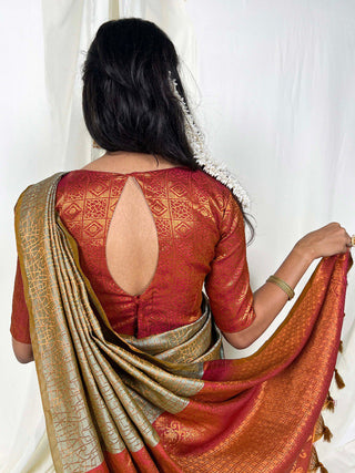 Sea Green Handwoven Kanchipuram Zari Weaving Saree with Unstitched Blouse Piece ClothsVilla