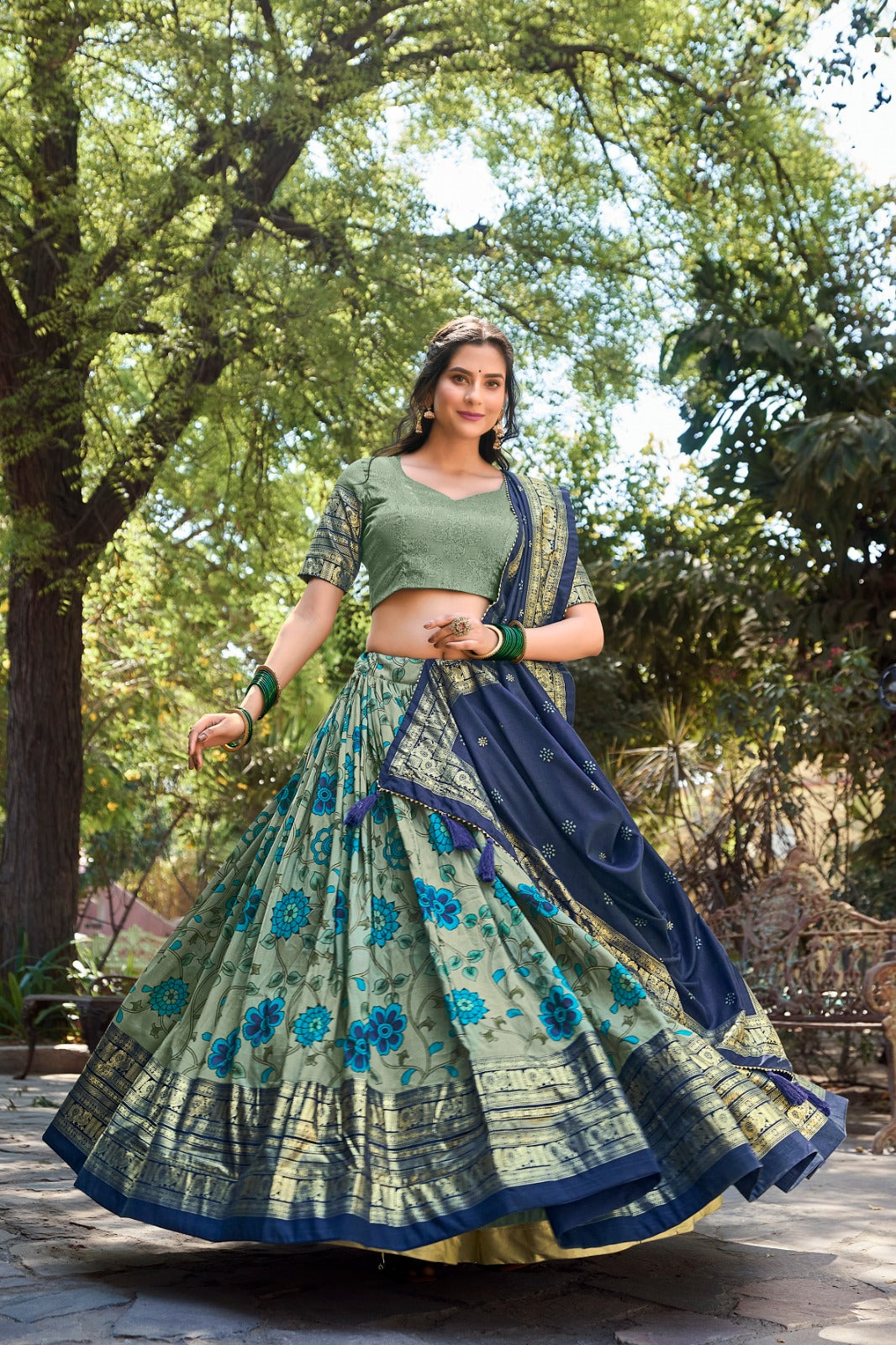 Sea Green Kalamkari Tussar Silk Lehenga Choli Set ClothsVilla